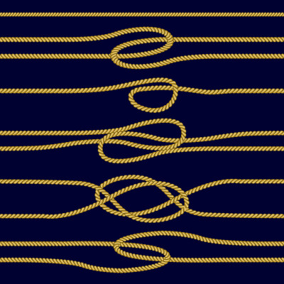 Set of seamless golden cords with loops, knots.