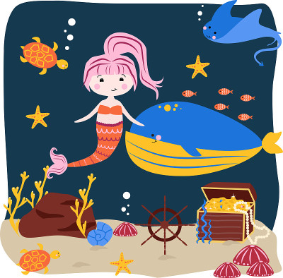 poster with a mermaid and a whale - vector illustr