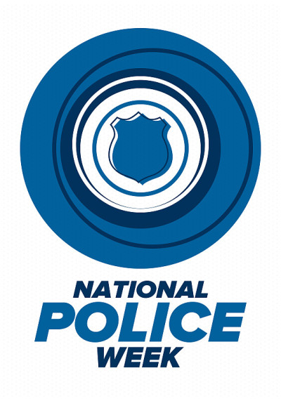 国家警察周。每年在美国庆祝。向警察英雄致敬。警徽和爱国主义元素。军官阵亡将士纪念日。海报、卡片,横幅