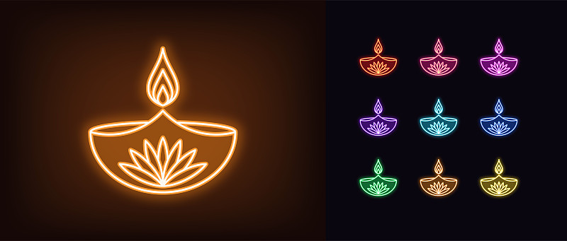 霓虹灯迪亚图标。霓虹灯盏，配火和荷花，祭奠