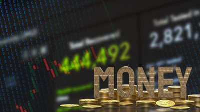 金币文本和金币在商业背景上的3d渲染