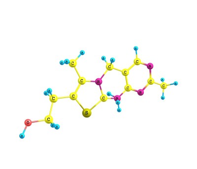 白色上的硫胺素(维生素B1)分子结构