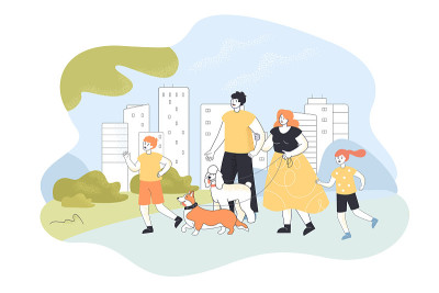 家庭漫步在现代城市公园平面矢量插图