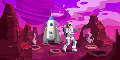 宇航员探索外星球火箭。宇航员科学旅行者角色在一个岩石表面在遥远的星系。卡通平面风格矢量插图横幅