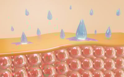 血清通过皮肤层，减少皮肤松弛的皮肤细胞。3 d渲染。
