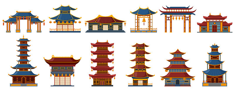 中国传统建筑。亚洲传统建筑，宝塔门，寺庙和宫殿遗产矢量插图集。东方古代建筑