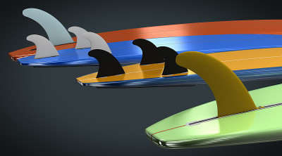 肩并肩和相反的冲浪板在不同的颜色- 3d插图