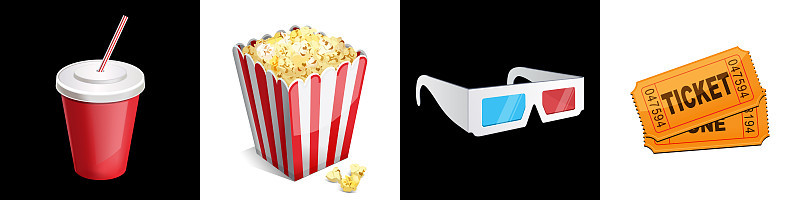 影院图标设置3d眼镜，票，苏打水，爆米花