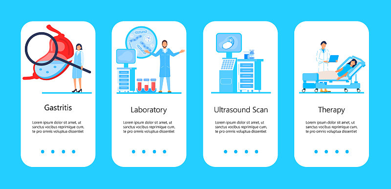 胃肠病学应用程序页面向量。平小医生使胃抽，节食。可见溃疡、气肿、弛缓。胃液，菌群失调，胰腺炎，结肠炎