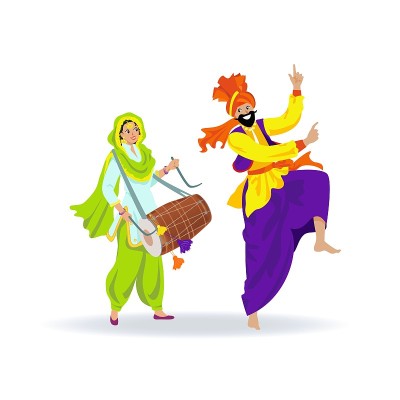 快乐多彩的锡克教夫妇，胡子男子在头巾跳舞bhangra，快乐的年轻女士在绿色旁遮普服装打鼓在节日，婚