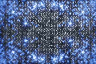 蓝色矩阵数字背景。抽象的网络空间的概念。人物倒了。来自符号流的矩阵。虚拟现实设计。复杂的算法数据黑客