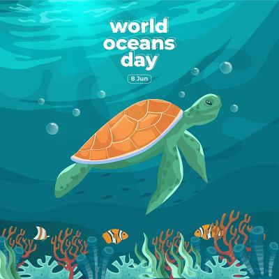 6月8日世界海洋日。拯救我们的海洋。海龟和鱼在水下游泳与美丽的珊瑚和海藻背景矢量插图。