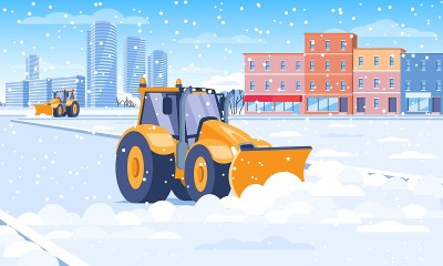 扫雪机清理城市街道上的积雪