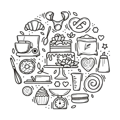 烘焙旗帜。可爱的手绘厨房工具和烘焙食品甜点。矢量插图在白色轮廓和黑色背景。