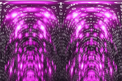 粉色矩阵数字背景。扭曲的网络空间的概念。人物倒了。来自符号流的矩阵。虚拟现实设计。复杂的算法数据黑客
