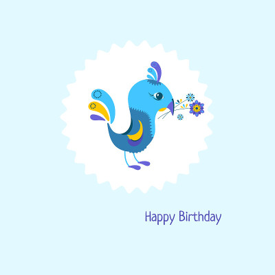 Cartoon birthday card with cute bird and bouquet
