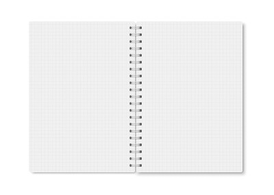 White realistic notebook opened with soft shadows.