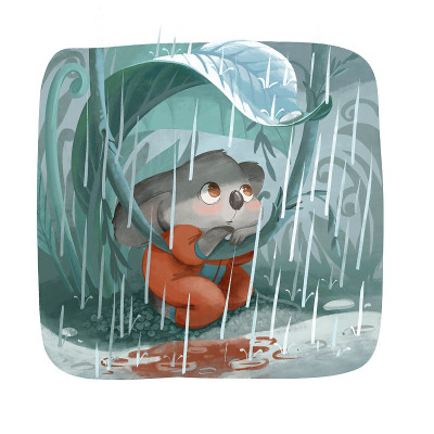 一个小悲哀的考拉在看雨的工装裤的插图