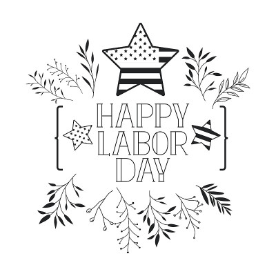 happy labor day label with leafs frame and star