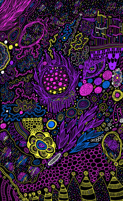 星空。迷幻素描彩色背景。霓虹灯的颜色。孟菲斯风格。矢量插图艺术