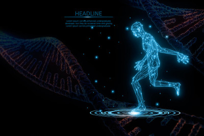未来线框人体活动和DNA,3D渲染插图模型多边形点和线，概念医疗和技术，虚拟扫描解剖身体，人工智能或