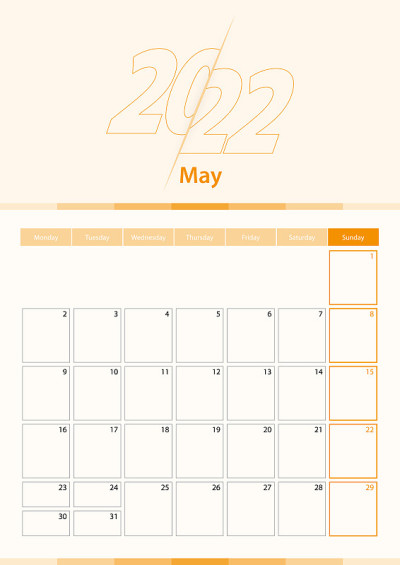 现代矢量垂直日历表为2022年5月，规划师英文。