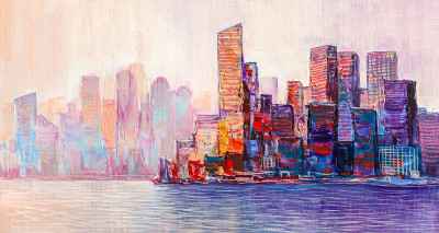 摩天大楼的艺术绘画。抽象风格。城市全景。