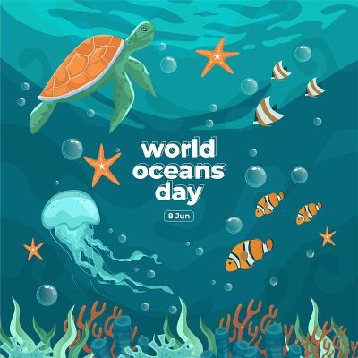 6月8日世界海洋日。拯救我们的海洋。海龟，水母和鱼在水下游泳与美丽的珊瑚和海藻背景矢量插图。
