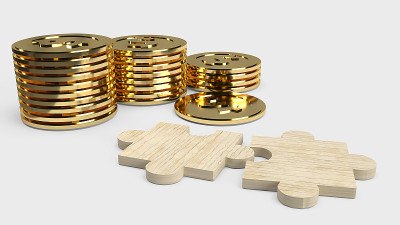 商业概念3d渲染的拼图和金币。