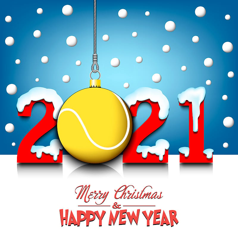 2021 New Year and tennis ball hanging on strings