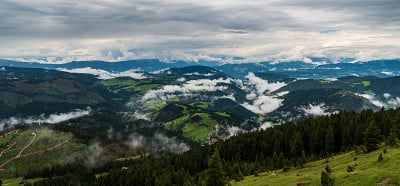 从Dolomites山脉的Latemar山脉群的Oberholz Hutte上看，山景被草地和森林覆
