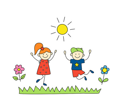 孩子们在户外玩耍。可爱的涂鸦男孩和女孩跳。