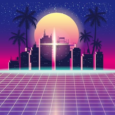 合成波复古未来景观与城市棕榈树，太阳，星星和风格的激光网格。霓虹复古设计和元素80年代90年代的科幻