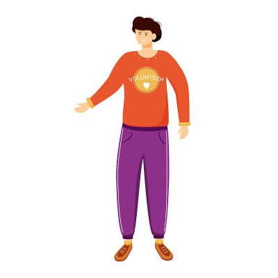 年轻微笑志愿者平面矢量插图。社区服务工作者孤立的卡通人物在白色的背景。人道主义组织成员。慈善参与设计