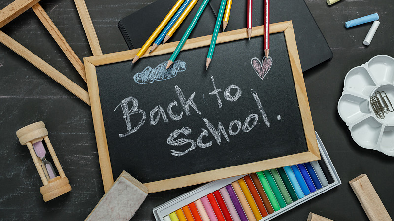 学校用品以黑板为背景。回到学校的概念。