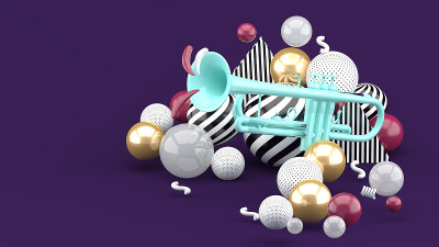蓝色喇叭在一个金色的球在紫色的背景。3 d渲染。“n