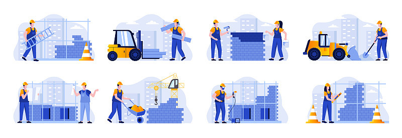 建筑工地的场景充满了人物性格。焊工、油漆工、金属工和砖瓦工。
