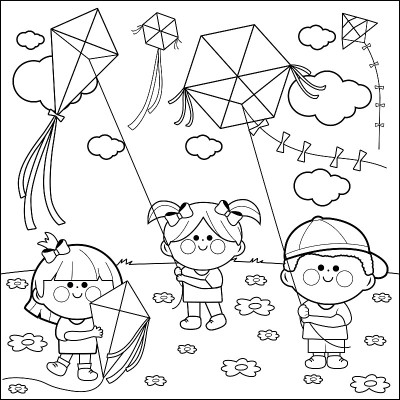 孩子们放风筝涂色书页。
