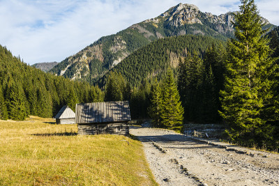 Chocholowska空地上历史悠久的牧羊人小屋，背景是一个突出的山峰(Kominiarski W