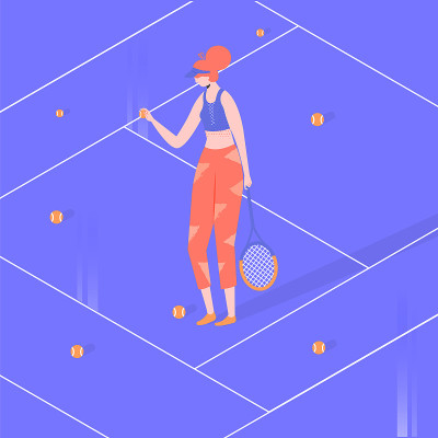 女运动员在球场上打网球。