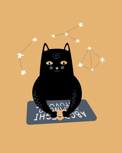 向量神奇的插图。带有显灵板和星座的黑猫。灵性会议，神秘主义，财富更高。卡通涂鸦魔法海报，卡片，印刷