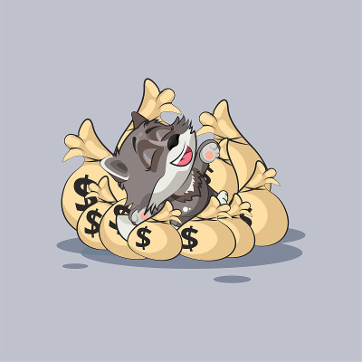 狼幼崽快乐地躺在一袋袋钱上