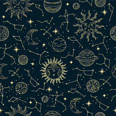 矢量无缝星相模式与行星，太阳，月亮，星星和星座。