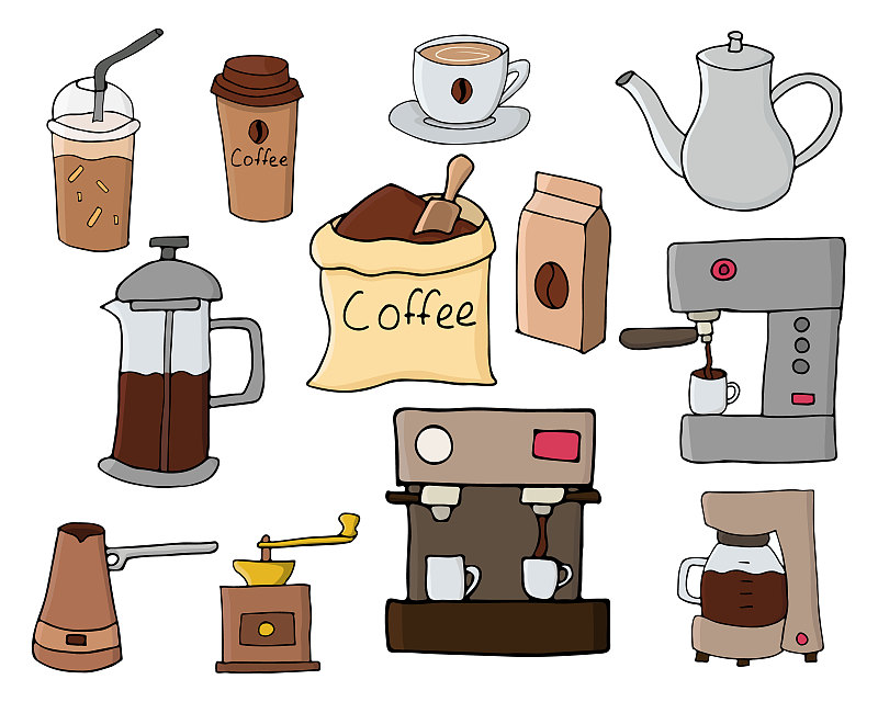 Colorful flat coffee icons collection in vector. F