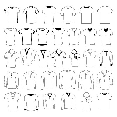 一套男女开衫和穿。手绘。前面。不同的颜色，矢量插图。