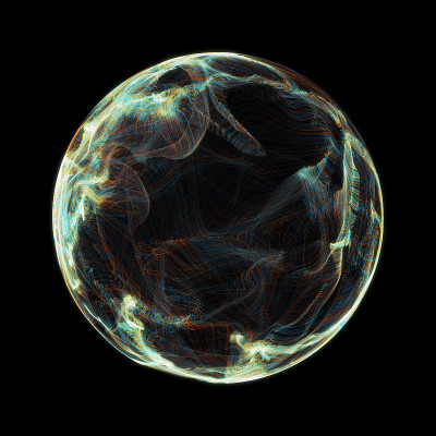 抽象粒子球，科学背景。虚拟流大二进制数据可视化。