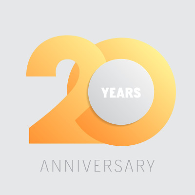 20周年向量图标。方形图形设计元素采用金色数字