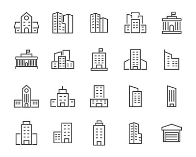 一套建筑图标，如城市，公寓，公寓，城镇