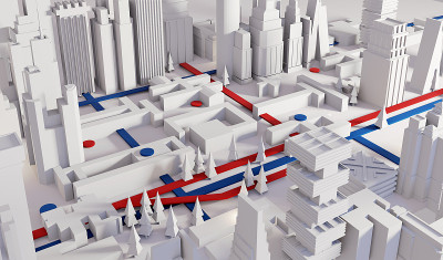 未来的现代首都城市的3D渲染与摩天大楼，道路，管道线