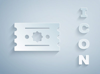 Paper cut Ticket icon isolated on grey background.